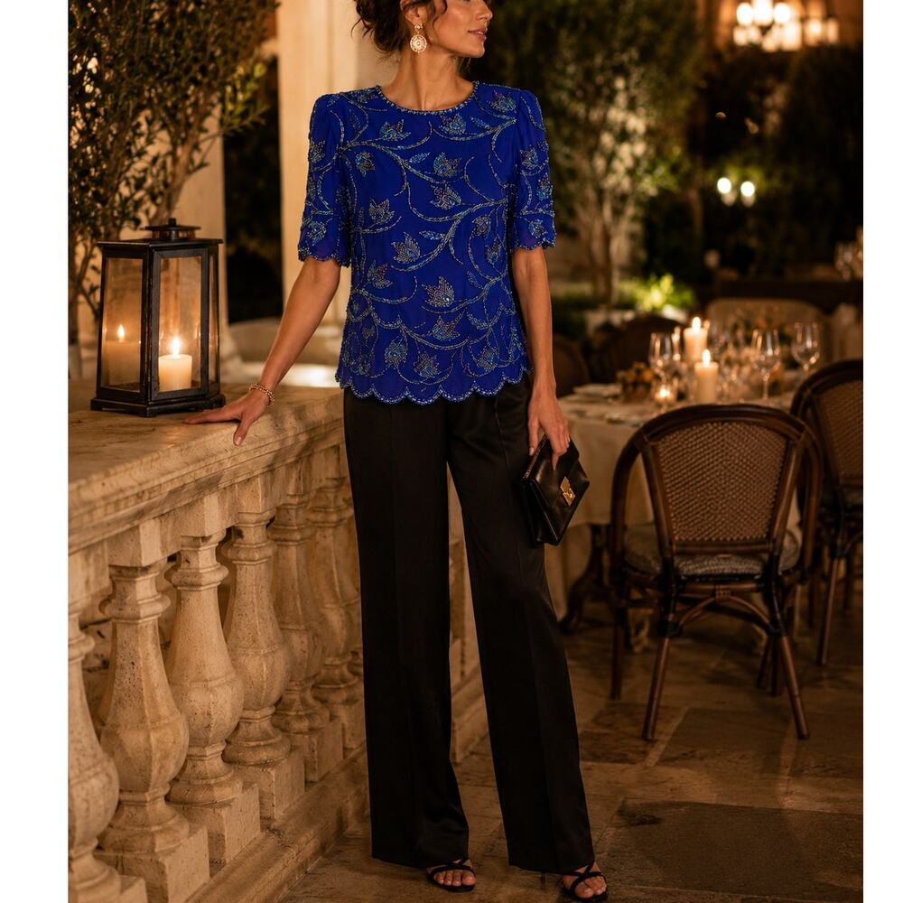 Vintage Landa Cobalt Blue Silk Beaded Sequin Floral Blouse Top Scallop Hem S